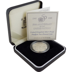 Pre-Owned 1995 UK United Nations £2 Silver Proof Piedfort Coin - VAT Free
