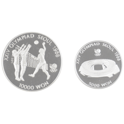 Pre-Owned 1988 South Korea Seoul Olympics Volleyball & Stadium Proof Silver 2 Coin Set - VAT Free
