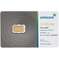 Umicore 1g Stamped Gold Bar in Assay
