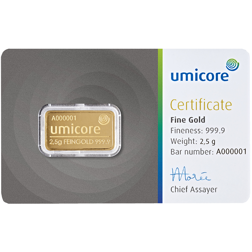 Umicore 2.5g Stamped Gold Bar in Assay