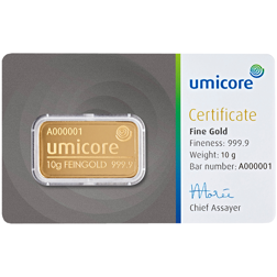 Umicore 10g Gold Stamped Bar in Assay