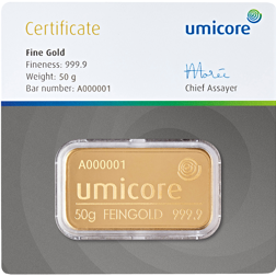 Umicore 50g Gold Stamped Bar in Assay