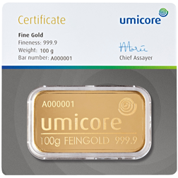 Umicore 100g Gold Stamped Bar in Assay