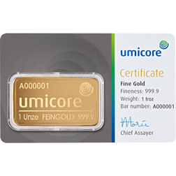 Umicore 1oz Gold Stamped Bar in Assay