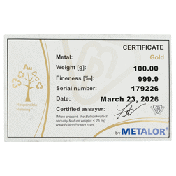 Metalor 100g Cast Gold Bar