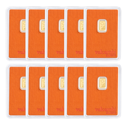 Valcambi 1g Stamped Gold Bar in Assay 10 Bar Bundle