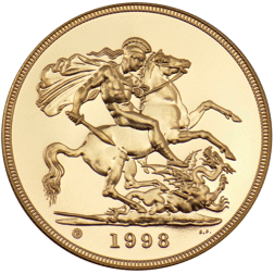 Pre-Owned 1998 UK Quintuple Sovereign £5 Brilliant Uncirculated Gold Coin