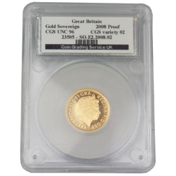Pre-Owned 2008 UK Proof Full Sovereign Gold Coin CGS Graded UNC 96