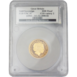 Pre-Owned 2000 UK Proof Full Sovereign Gold Coin CGS Graded UNC 97