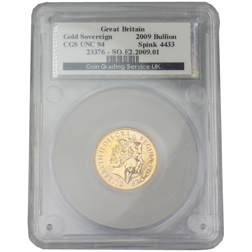 Pre-Owned 2009 UK Full Sovereign Gold Coin CGS Graded UNC 94
