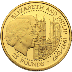 Pre-Owned 1997 Guernsey Queen Elizabeth II & Prince Philip Golden Wedding Gold Proof £25 Coin