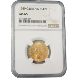 Pre-Owned 1959 UK Full Sovereign Gold Coin NGC Graded MS 65 - 2721975-003