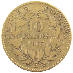 Pre-Owned 1867 French Napoleon III 10 Franc Gold Coin