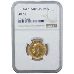 Pre-Owned 1911 Melbourne Mint George V Full Sovereign Gold Coin - NGC Graded AU 58 - 2726110-003