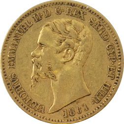 Pre-Owned 1861 Sardinia Vittorio Emanuele 20 Lira Gold Coin