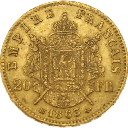 Pre-Owned 1863 French Napoleon III 20 Franc Gold Coin