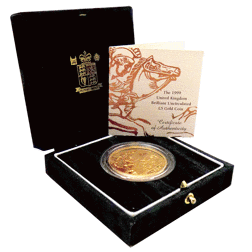Pre-Owned 1999 UK Brilliant Uncirculated Quintuple Sovereign £5 Gold Coin