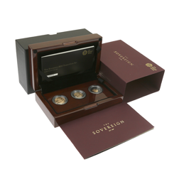 Pre-Owned 2015 UK Full, Half, and Quarter Sovereign Proof Gold 3-Coin Set