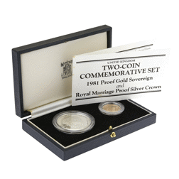 Pre-Owned 1981 UK Royal Marriage Two-Coin Commemorative Gold and Silver Proof Coin Set