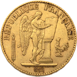 Pre-Owned 1875 French Standing Angel 20 Franc Gold Coin