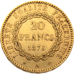 Pre-Owned 1875 French Standing Angel 20 Franc Gold Coin