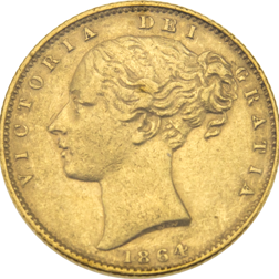 Pre-Owned 1864 London Mint DN.33 Victorian 'Shield' Full Sovereign Gold Coin
