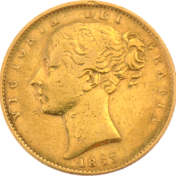 Pre-Owned 1863 DN.8 Victorian 'Shield' Full Sovereign Gold Coin