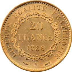 Pre-Owned 1886 French Standing Angel 20 Franc Gold Coin