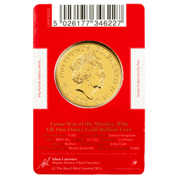 Pre-Owned 2016 UK Lunar Monkey 1oz Gold Coin - Carded