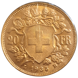 Pre-Owned 1935 Swiss 20 Franc Helvetia Gold Coin