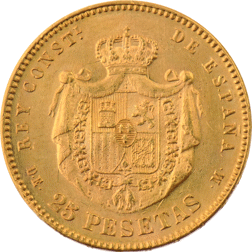 Pre-Owned 1877 Spain 25 Pesetas Gold Coin