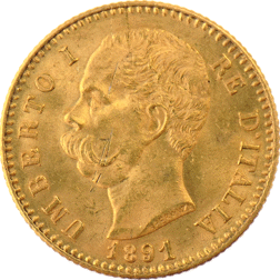 Pre-Owned 1891 Italian Umberto I 20 Lire Gold Coin