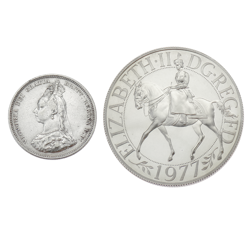 Pre-Owned Jubilee Monarchs 1887 Victoria Shilling & 1977 Crown 2 Silver Coin Set - VAT Free