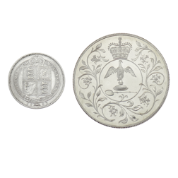 Pre-Owned Jubilee Monarchs 1887 Victoria Shilling & 1977 Crown 2 Silver Coin Set - VAT Free