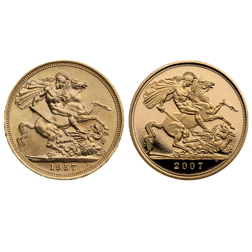 Pre-Owned UK 1957 & Proof 2007 50th Anniversary Full Sovereign Gold 2-Coin Set
