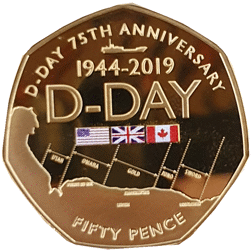Pre-Owned 2019 Gibraltar D-Day 75th Anniversary 50p Gold Proof Coin