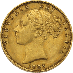 Pre-Owned 1863 London Mint DN.16 Victoria Young Head 'Shield' Full Sovereign Gold Coin