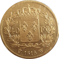 Pre-Owned 1818 French 40 Francs Louis XVIII Gold Coin