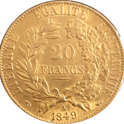 Pre-Owned 1849 Second Republic French 20 Franc 'Ceres' Gold Coin