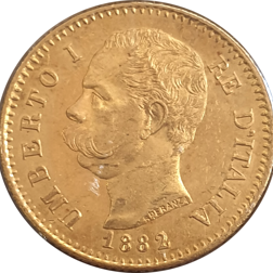 Pre-Owned 1882 Italian 20 Lire Umberto I Gold Coin