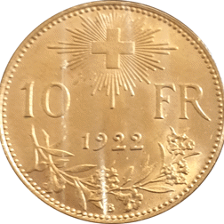 Pre-Owned 1922 Swiss 10 Franc Helvetia Gold Coin