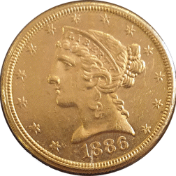 Pre-Owned 1886 USA $5 Dollar Liberty Head Gold Coin