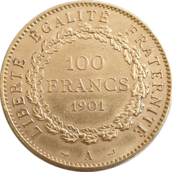 Pre-Owned 1901 French Standing Angel 100 Franc Gold Coin