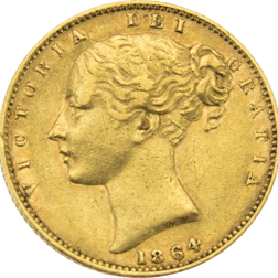 Pre-Owned 1864 London Mint DN.27 Victorian 'Shield' Full Sovereign Gold Coin