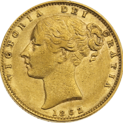 Pre-Owned: 1862 London Mint Victorian 'Shield' Full Sovereign Gold Coin
