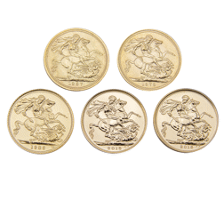 Pre-Owned UK Longest Reigning Monarch Full Sovereign Gold 5-Coin Effigy Set