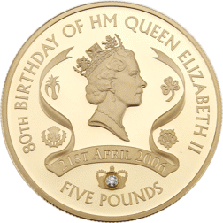 Pre-Owned 2006 Queen's 80th Birthday Proof £5 Gold Coin With Set Diamond