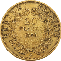 Pre-Owned 1858 French Napoleon III Wreath 20 Franc Gold Coin