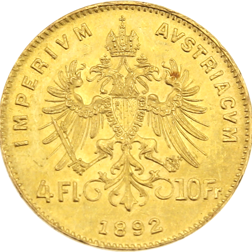 Pre-Owned 1892 Austrian 4 Florin 10 Franc Gold Coin