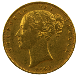 Pre-Owned 1869 London Mint DN.19 Victorian 'Shield' Full Sovereign Gold Coin